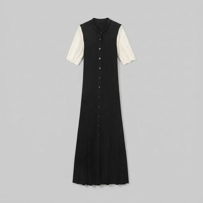 Pointelle Knit Midi Dress – Button-Down Polo Collar Bodycon