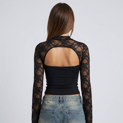 Lace Cutout Crop Top – Mock Neck Long Sleeve Going Out Top