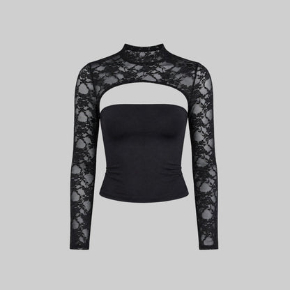Lace Cutout Crop Top – Mock Neck Long Sleeve Going Out Top