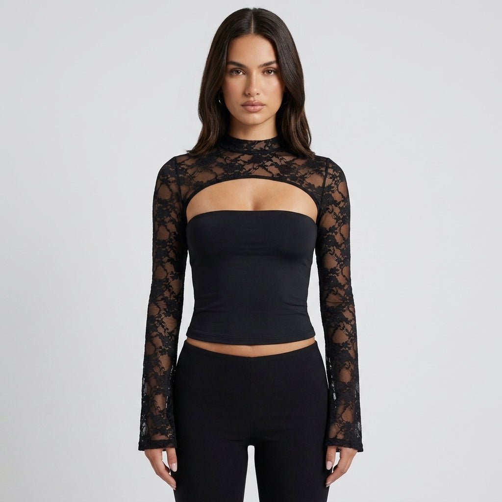 Lace Cutout Crop Top – Mock Neck Long Sleeve Going Out Top