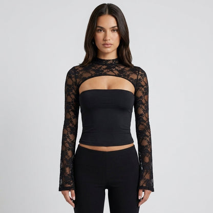 Lace Cutout Crop Top – Mock Neck Long Sleeve Going Out Top