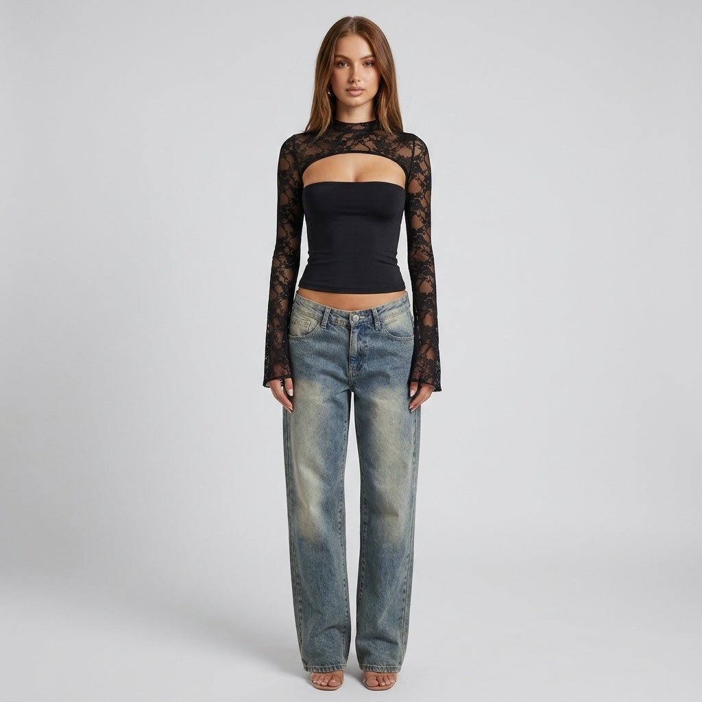 Lace Cutout Crop Top – Mock Neck Long Sleeve Going Out Top