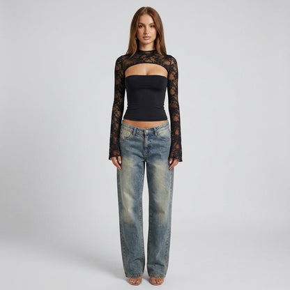 Lace Cutout Crop Top – Mock Neck Long Sleeve Going Out Top