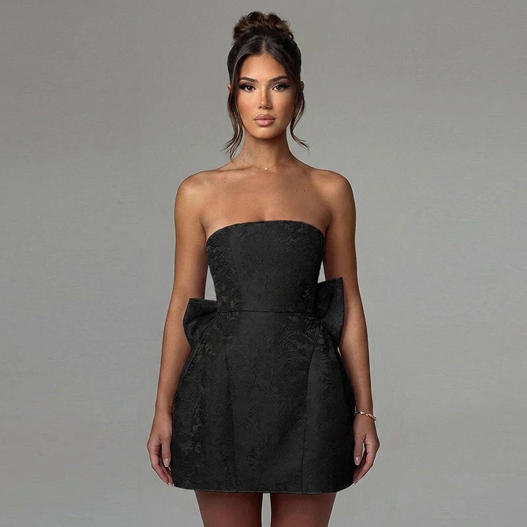 Jacquard Strapless Mini Dress – Bow Back A-Line Cocktail Dress
