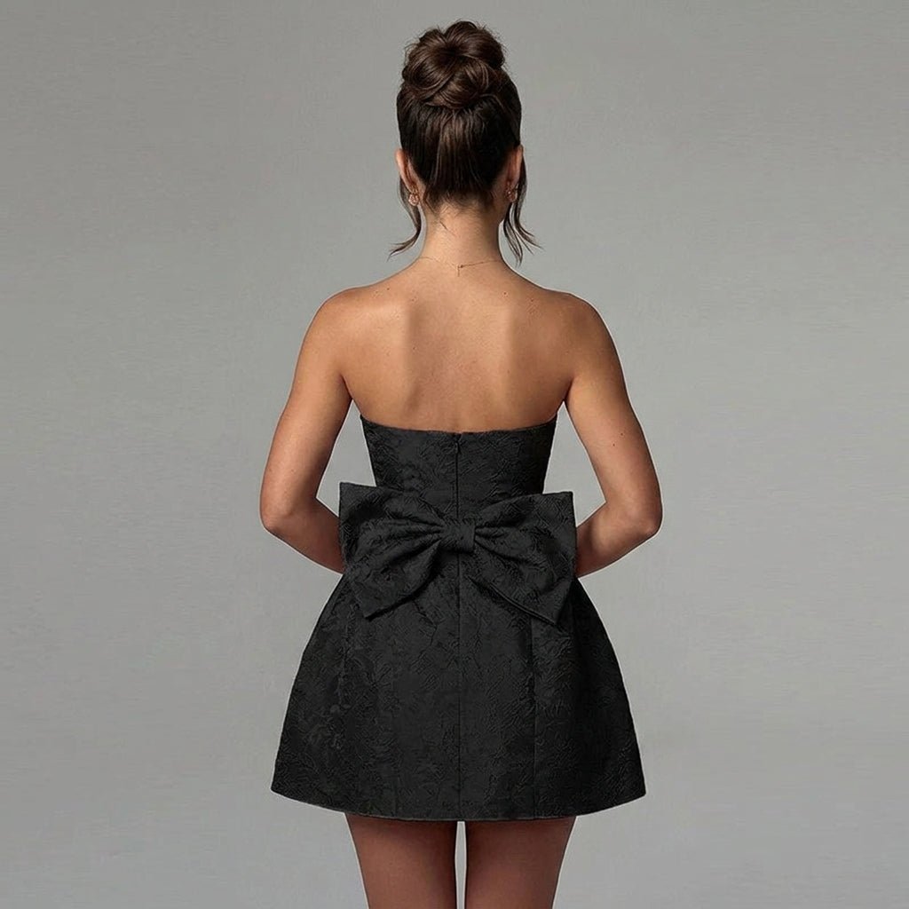 Jacquard Strapless Mini Dress – Bow Back A-Line Cocktail Dress