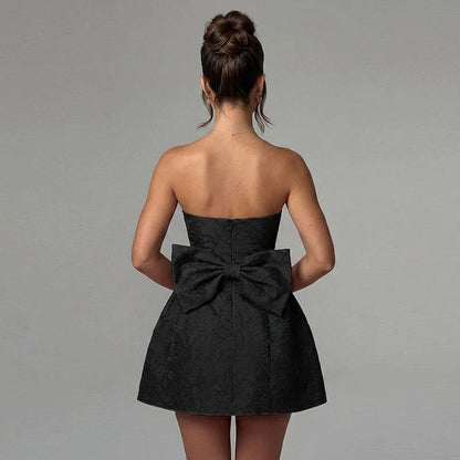 Jacquard Strapless Mini Dress – Bow Back A-Line Cocktail Dress