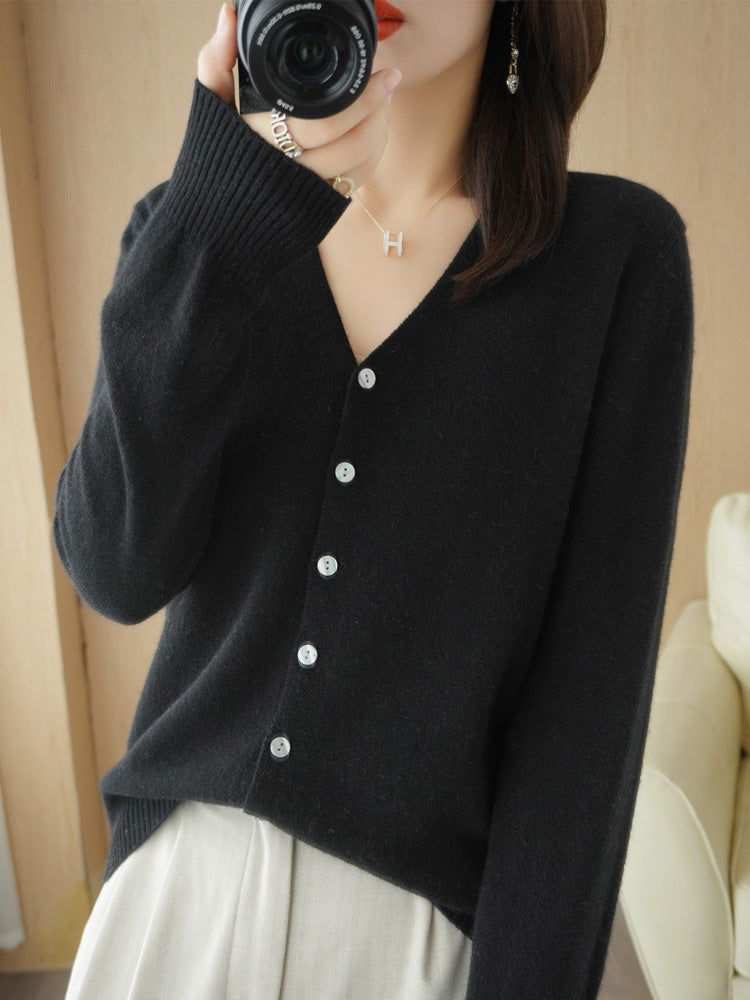 Knit V-Neck Cardigan – Button-Front Long Sleeve Layering Sweater