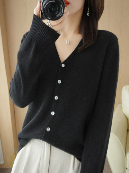Knit V-Neck Cardigan – Button-Front Long Sleeve Layering Sweater
