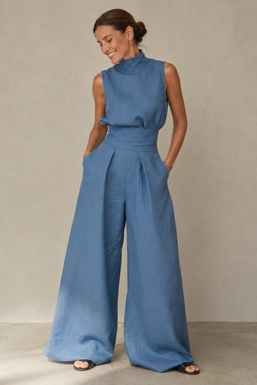 Wide-Leg Two-Piece Set – Sleeveless Mock Neck Top Pleated Trousers