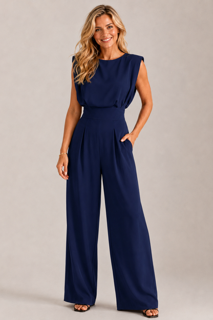 Sleeveless Wide-Leg Jumpsuit – High Waist Pleated Crepe