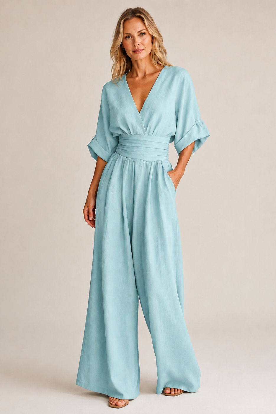 Wide-Leg Wrap Jumpsuit – V-Neck High-Waist Kimono Sleeve