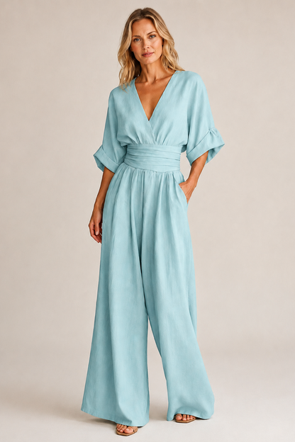 Wide-Leg Wrap Jumpsuit – V-Neck High-Waist Kimono Sleeve