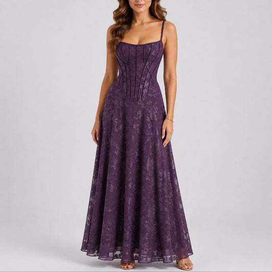 Floral Corset Maxi Dress – A-Line Spaghetti Strap Wedding Guest