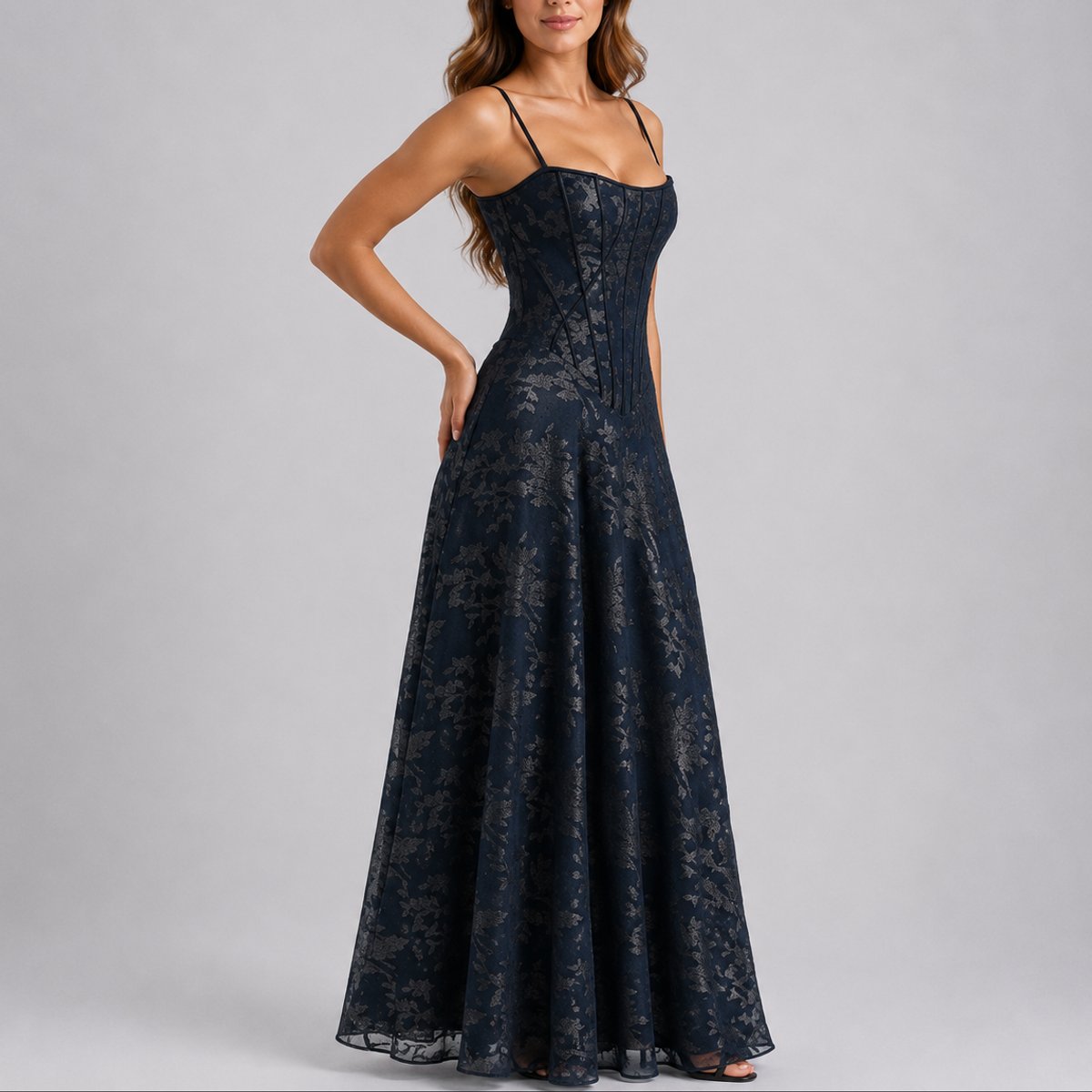 Floral Corset Maxi Dress – A-Line Spaghetti Strap Wedding Guest