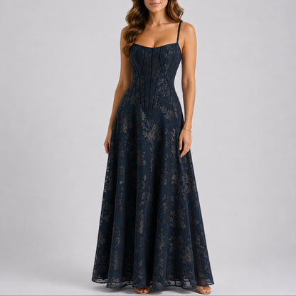 Floral Corset Maxi Dress – A-Line Spaghetti Strap Wedding Guest