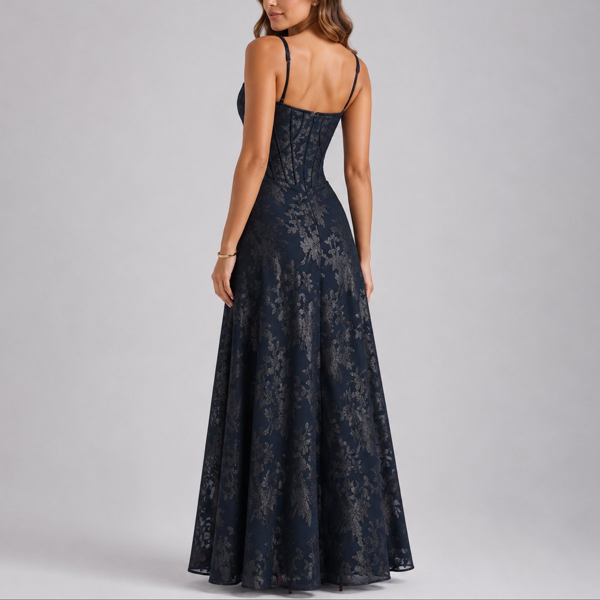 Floral Corset Maxi Dress – A-Line Spaghetti Strap Wedding Guest