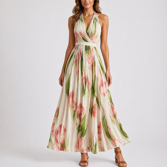 Floral Halter Maxi Dress – Open Back Watercolour Print Wedding Guest