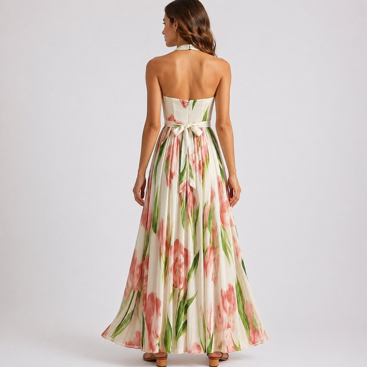 Floral Halter Maxi Dress – Open Back Watercolour Print Wedding Guest