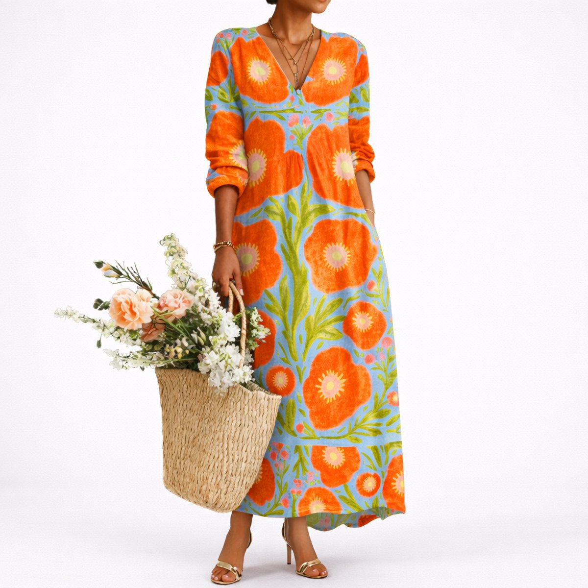 Floral Print Maxi Dress – Long Sleeve V-Neck Wedding Guest Dress