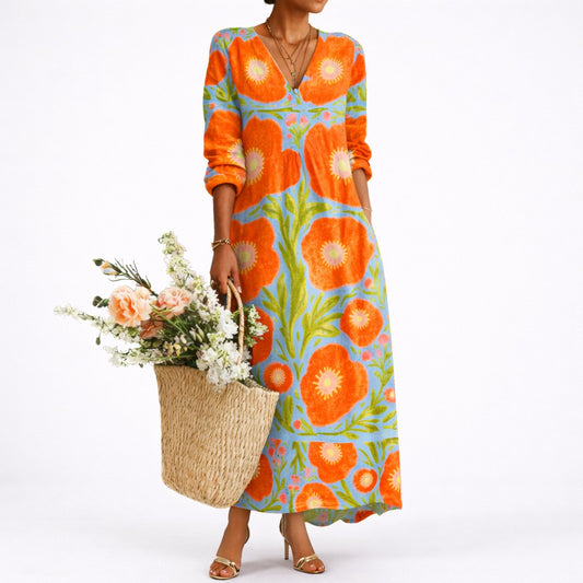 Floral Print Maxi Dress – Long Sleeve V-Neck Wedding Guest Dress
