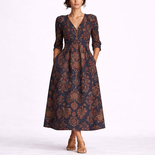 Floral Print Maxi Dress – V-Neck A-Line Wedding Guest Dress with Pockets