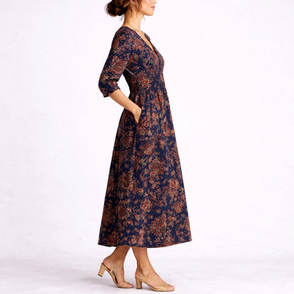Floral Print Maxi Dress – V-Neck A-Line Wedding Guest Dress with Pockets