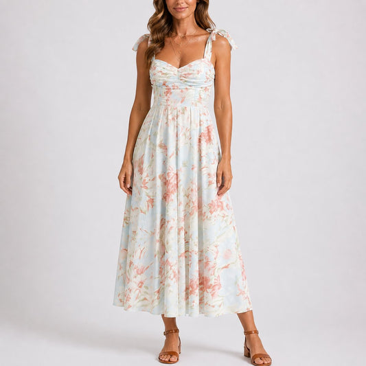 Floral Midi Dress – Ruched Bodice Tie-Strap A-Line Wedding Guest