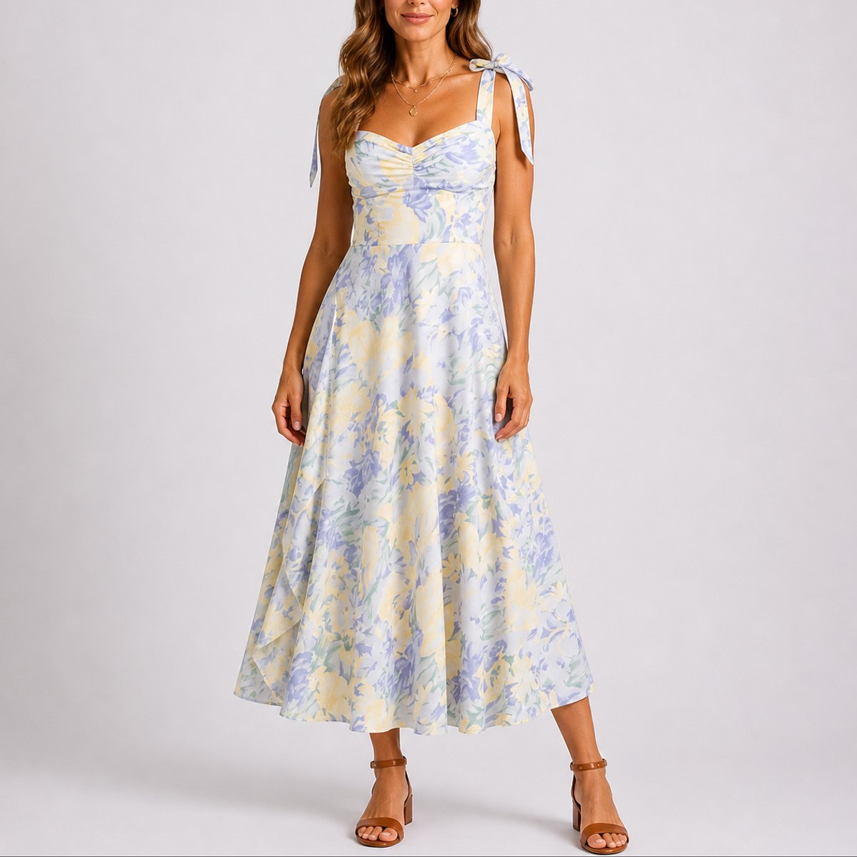 Floral Midi Dress – Ruched Bodice Tie-Strap A-Line Wedding Guest