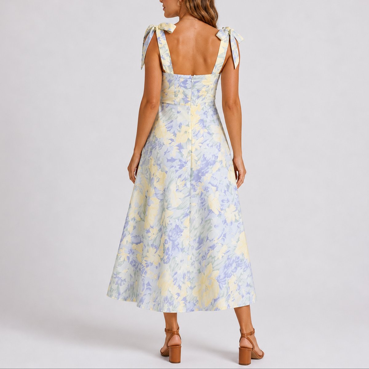 Floral Midi Dress – Ruched Bodice Tie-Strap A-Line Wedding Guest