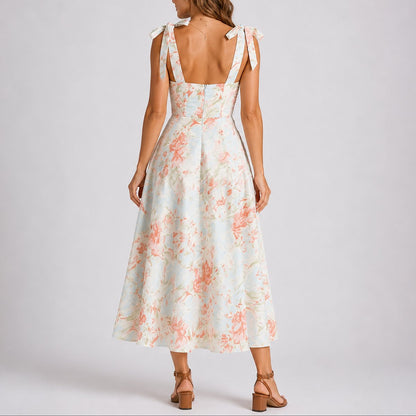 Floral Midi Dress – Ruched Bodice Tie-Strap A-Line Wedding Guest