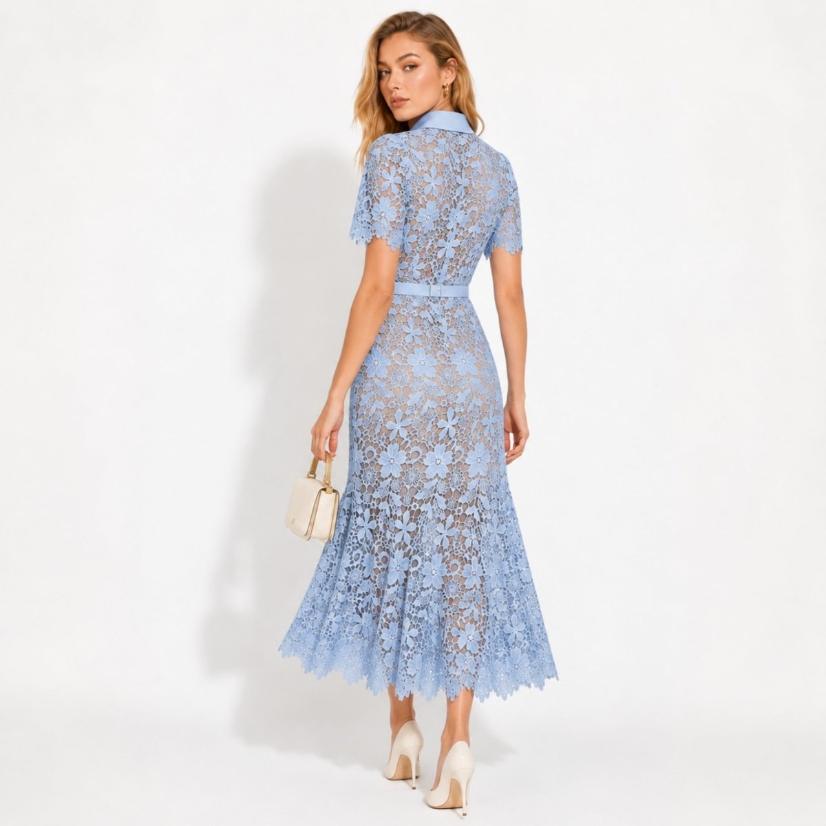 Floral Lace Midi Shirt Dress – Belted Button-Front Collared