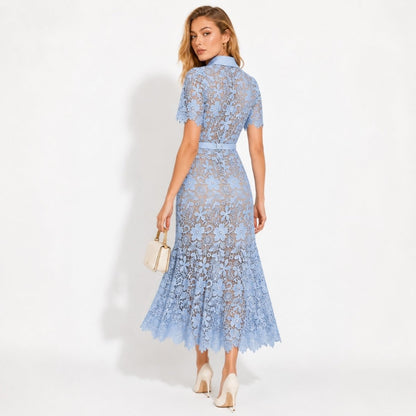 Floral Lace Midi Shirt Dress – Belted Button-Front Collared