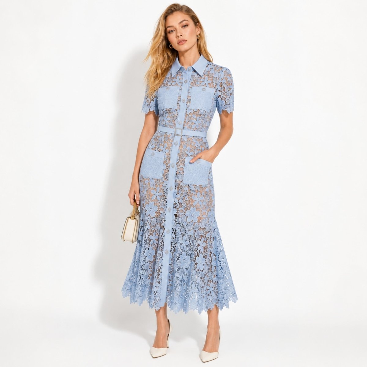 Floral Lace Midi Shirt Dress – Belted Button-Front Collared