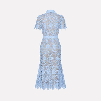 Floral Lace Midi Shirt Dress – Belted Button-Front Collared