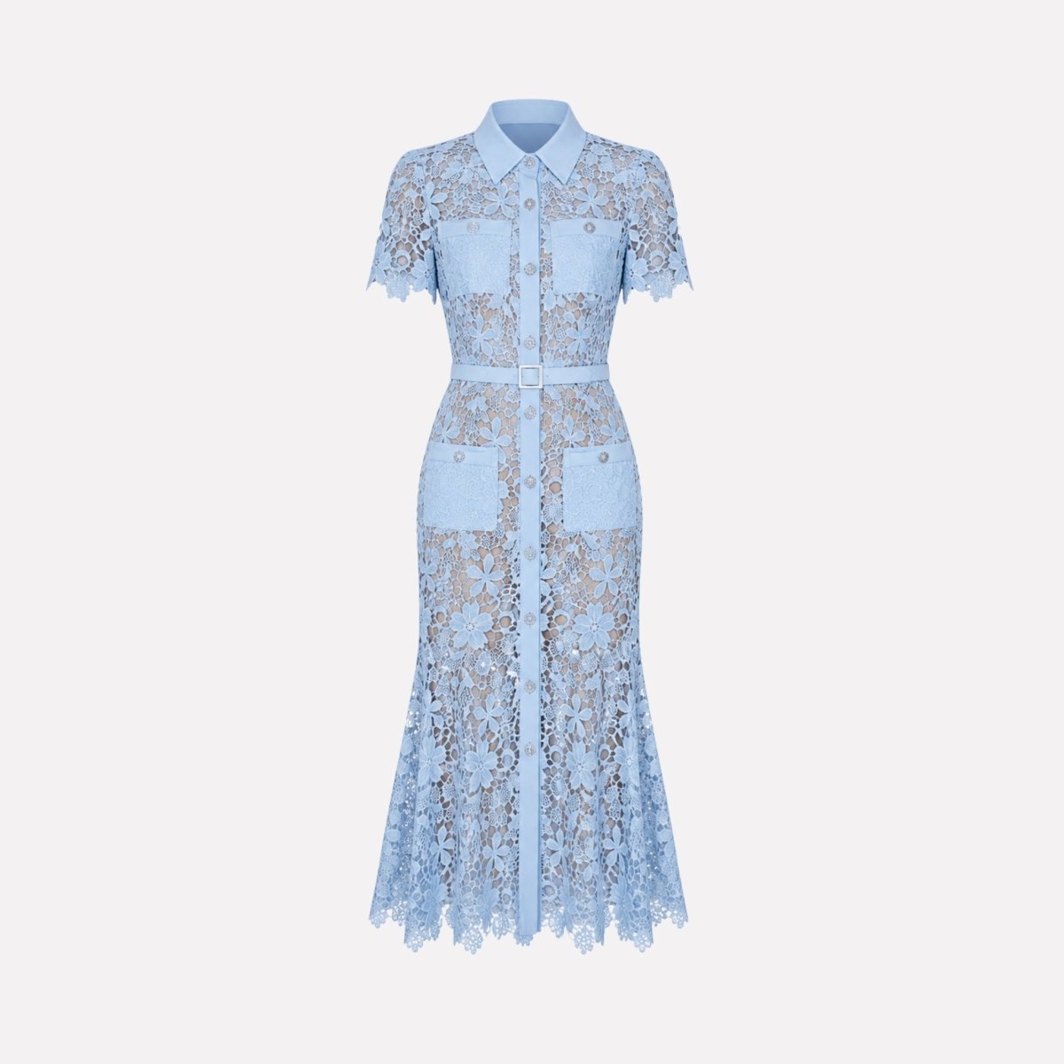 Floral Lace Midi Shirt Dress – Belted Button-Front Collared
