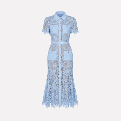 Floral Lace Midi Shirt Dress – Belted Button-Front Collared