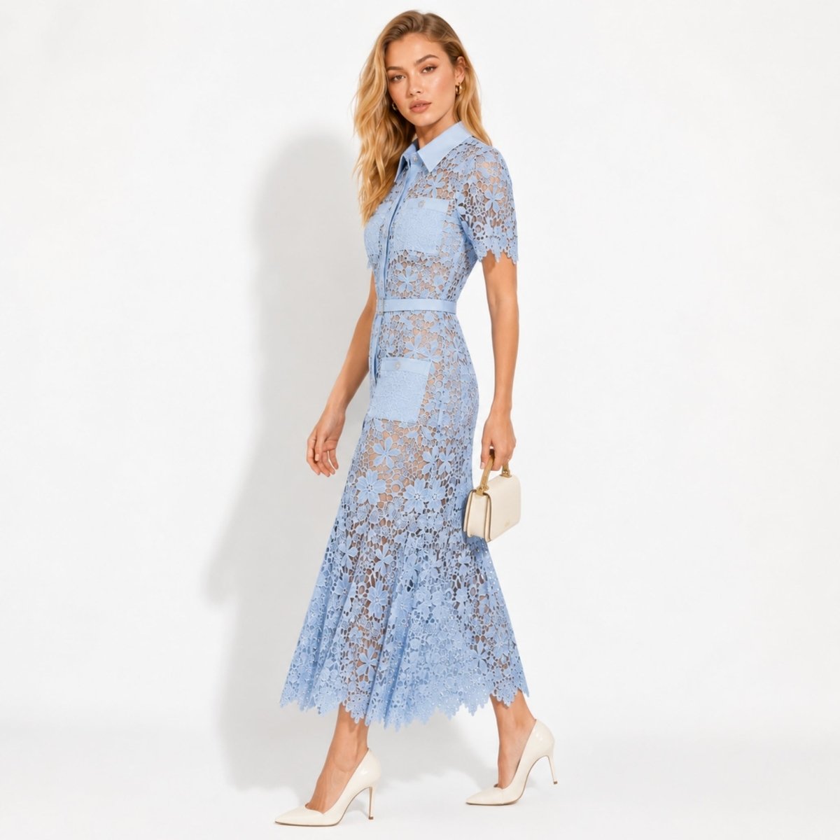 Floral Lace Midi Shirt Dress – Belted Button-Front Collared