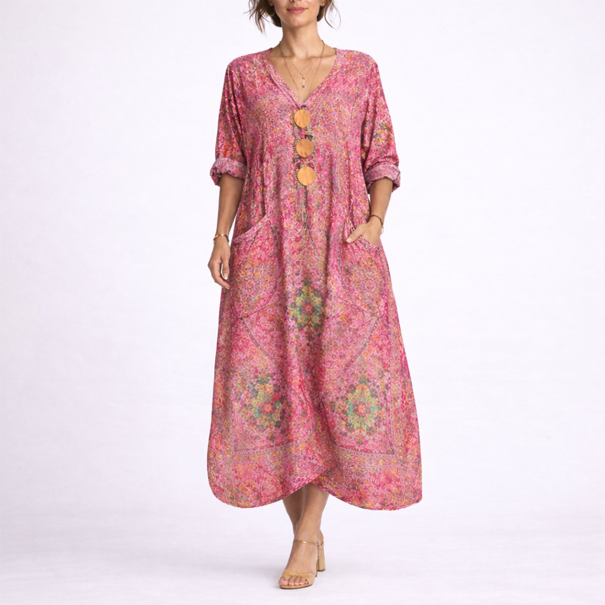 Boho Paisley Print Kaftan Maxi Dress – V-Neck Loose Fit with Pockets