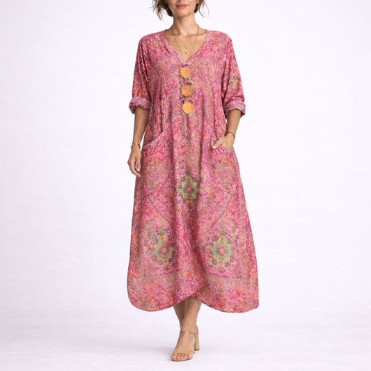 Boho Paisley Print Kaftan Maxi Dress – V-Neck Loose Fit with Pockets