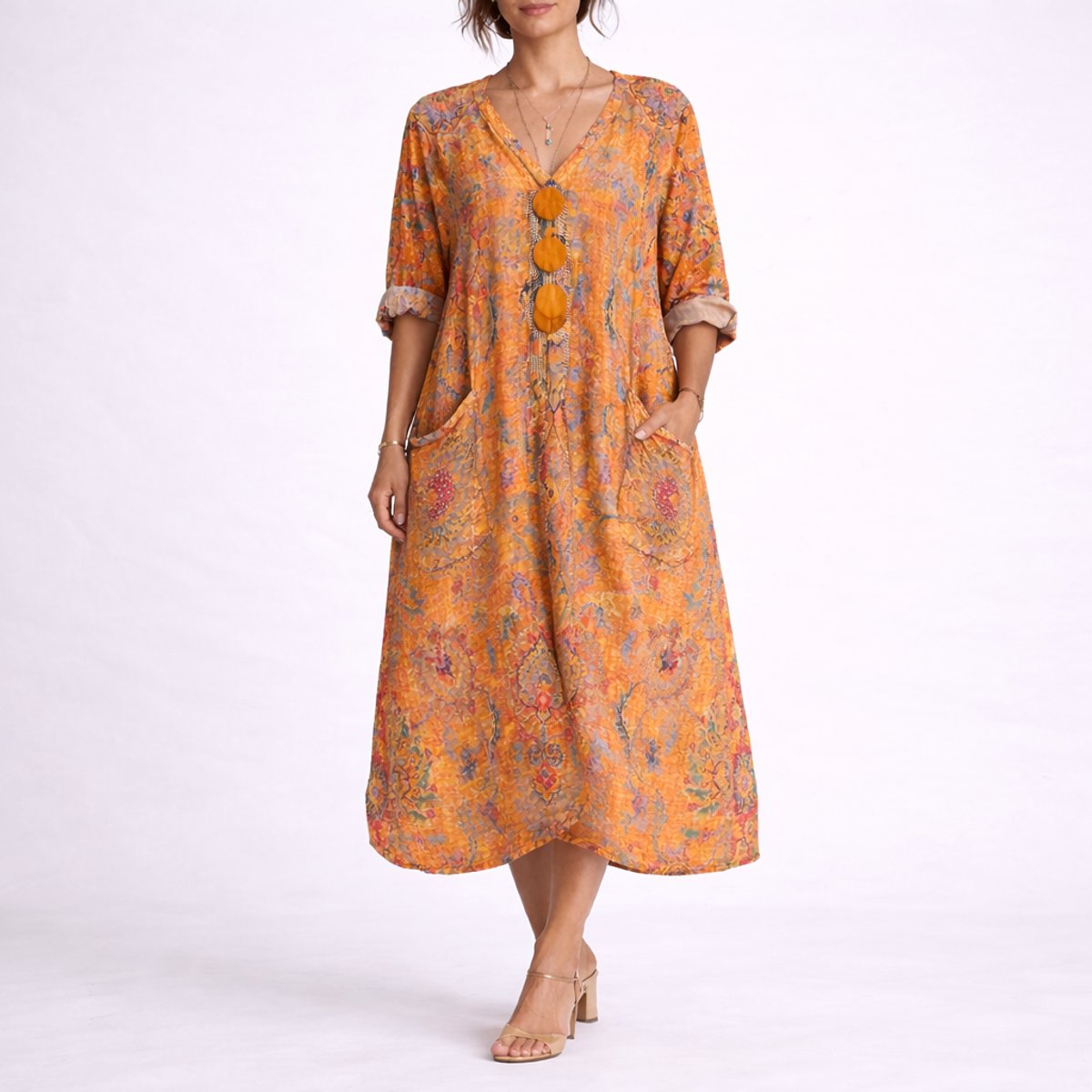 Boho Paisley Print Kaftan Maxi Dress – V-Neck Loose Fit with Pockets