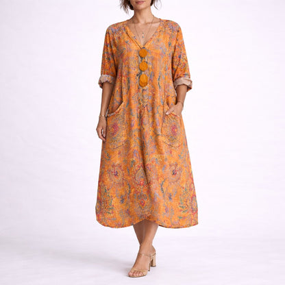 Boho Paisley Print Kaftan Maxi Dress – V-Neck Loose Fit with Pockets