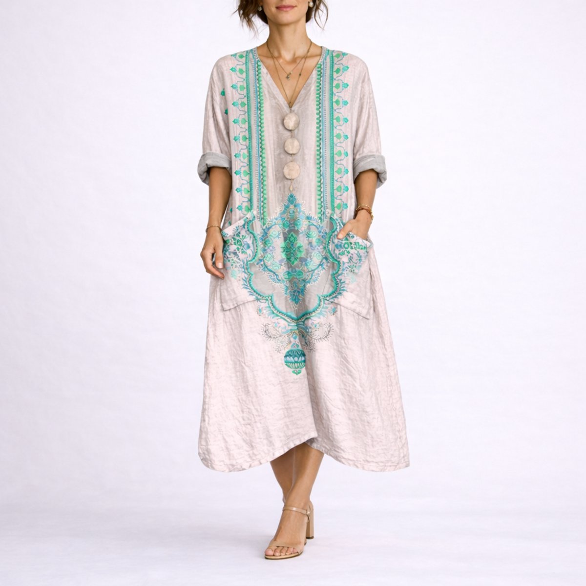 Boho Paisley Print Kaftan Maxi Dress – V-Neck Loose Fit with Pockets