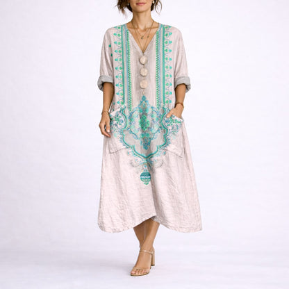 Boho Paisley Print Kaftan Maxi Dress – V-Neck Loose Fit with Pockets