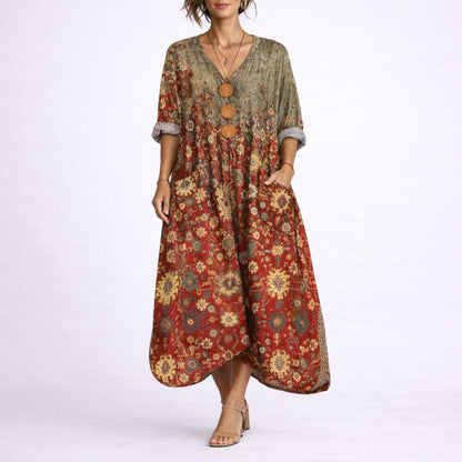Boho Paisley Print Kaftan Maxi Dress – V-Neck Loose Fit with Pockets