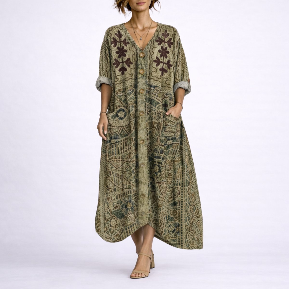 Boho Paisley Print Kaftan Maxi Dress – V-Neck Loose Fit with Pockets