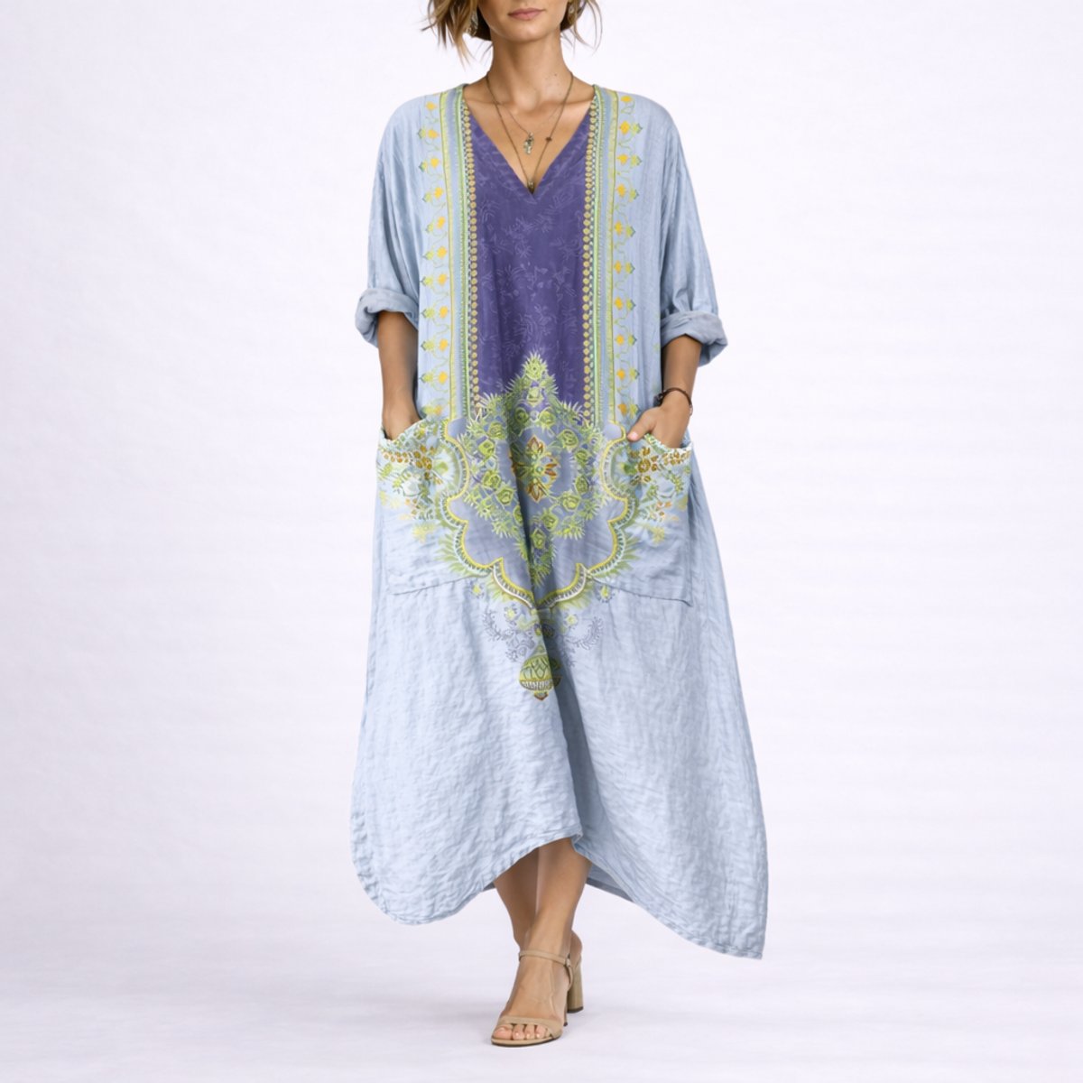 Boho Paisley Print Kaftan Maxi Dress – V-Neck Loose Fit with Pockets
