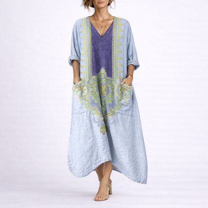 Boho Paisley Print Kaftan Maxi Dress – V-Neck Loose Fit with Pockets