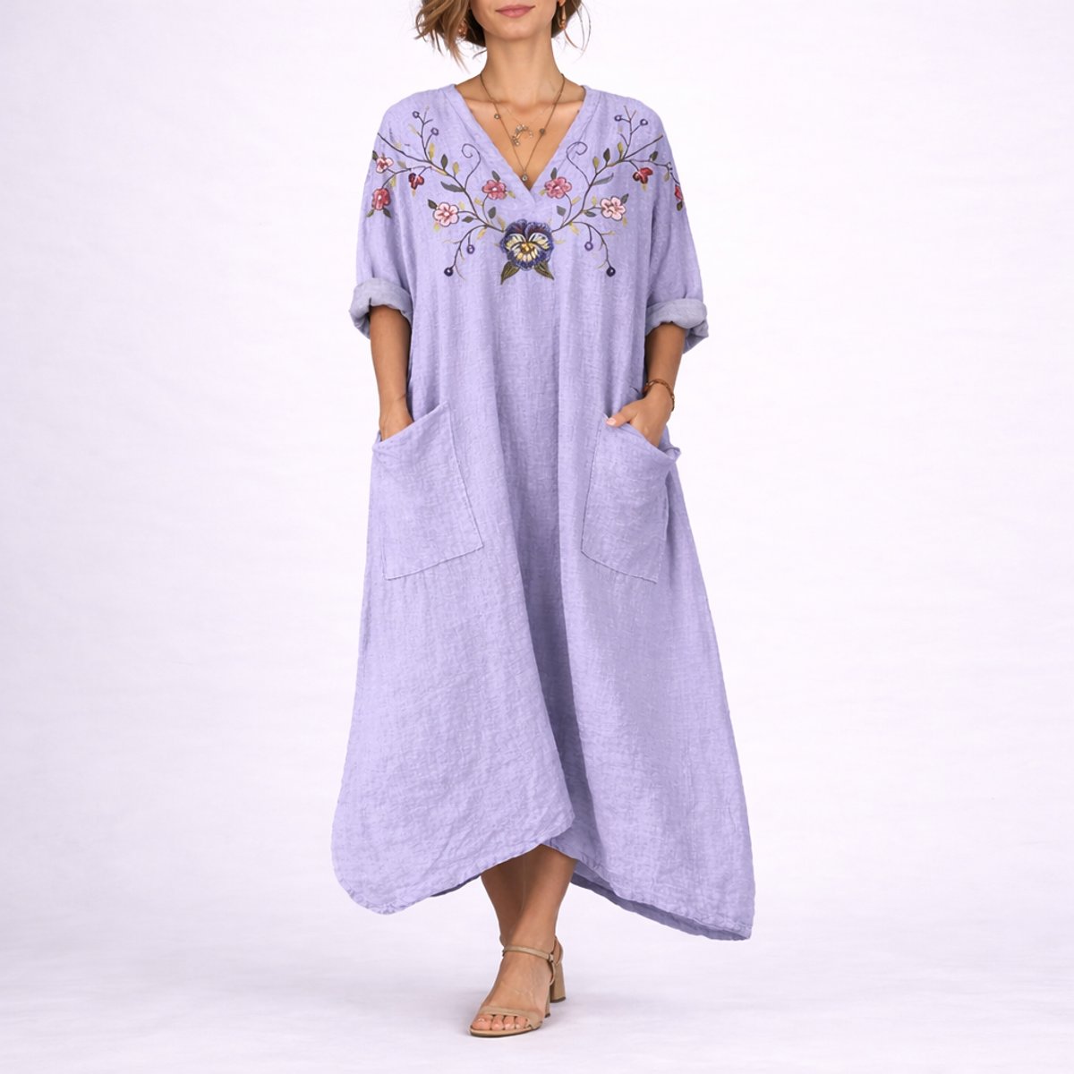 Boho Paisley Print Kaftan Maxi Dress – V-Neck Loose Fit with Pockets