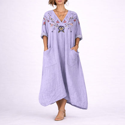 Boho Paisley Print Kaftan Maxi Dress – V-Neck Loose Fit with Pockets
