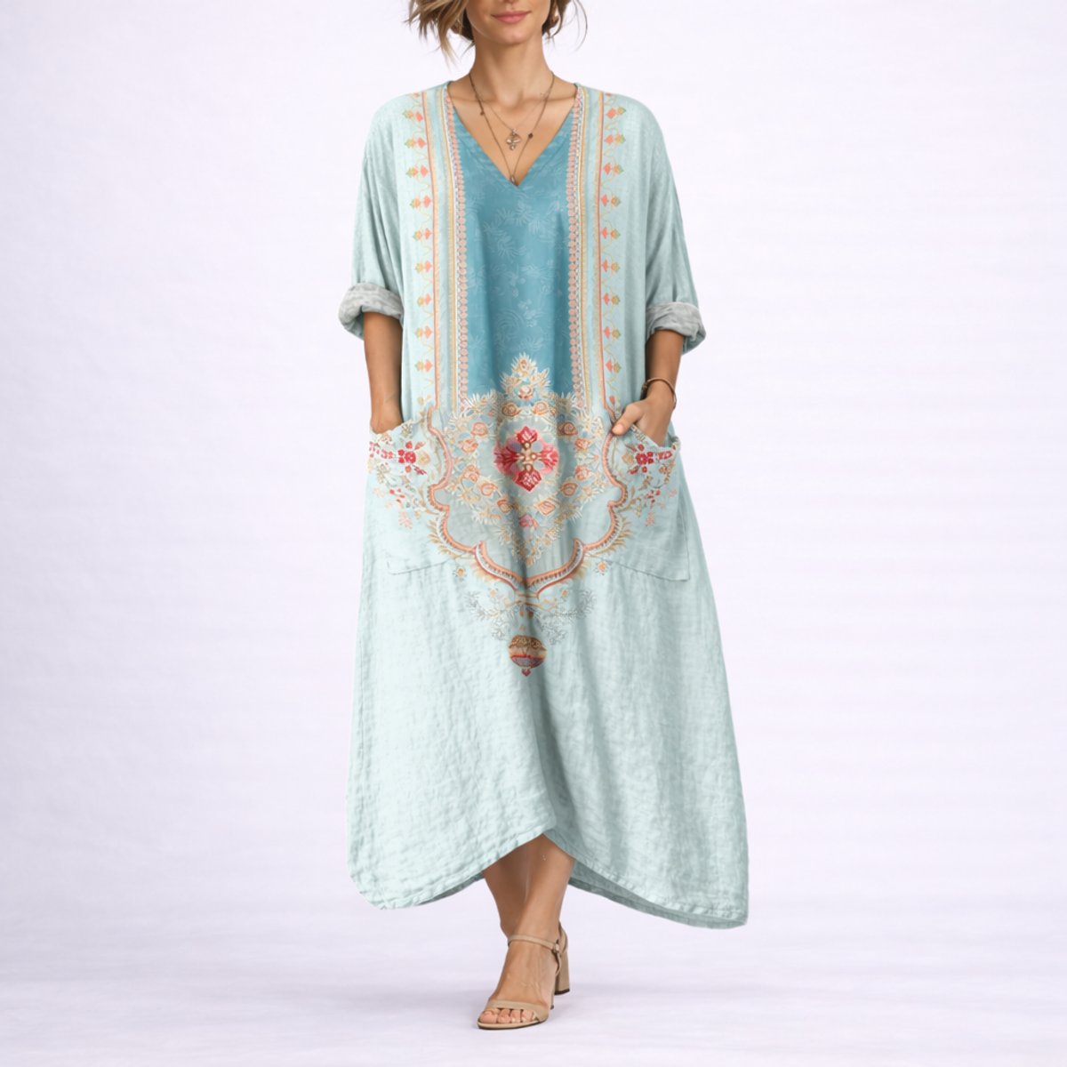 Boho Paisley Print Kaftan Maxi Dress – V-Neck Loose Fit with Pockets